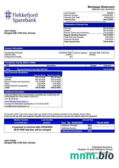 Norwegia Flekkefjord Sparebank wyciąg z kredytu hipotecznego szablon Word i PDF